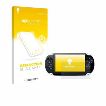 Vorderseite einer Produktverpackung mit dem Markenlogo upscreen. Daneben ist das Gerät Sony Playstation PS Vita mit dem zugehö