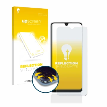 Vorderseite einer Produktverpackung mit dem Markenlogo upscreen. Daneben ist das Gerät Samsung Galaxy A03 mit dem zugehörigen 