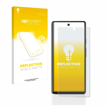 Vorderseite einer Produktverpackung mit dem Markenlogo upscreen. Daneben ist das Gerät Google Pixel 6a mit dem zugehörigen Dis