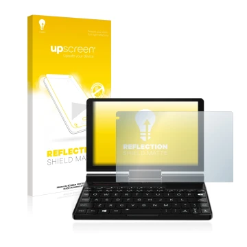 Vorderseite einer Produktverpackung mit dem Markenlogo upscreen. Daneben ist das Gerät GPD Pocket 3 mit dem zugehörigen Displa