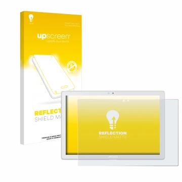 Vorderseite einer Produktverpackung mit dem Markenlogo upscreen. Daneben ist das Gerät Archos T101 4G mit dem zugehörigen Disp