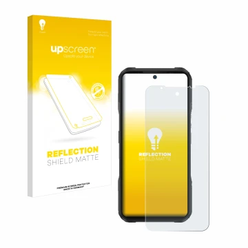 Vorderseite einer Produktverpackung mit dem Markenlogo upscreen. Daneben ist das Gerät Doogee V20 mit dem zugehörigen Displays