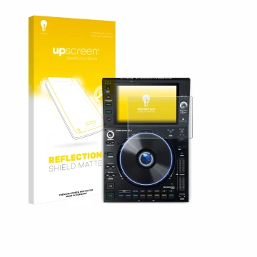 Vorderseite einer Produktverpackung mit dem Markenlogo upscreen. Daneben ist das Gerät Denon DJ SC6000 Prime mit dem zugehörig