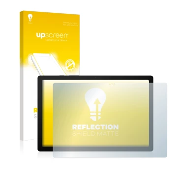 Vorderseite einer Produktverpackung mit dem Markenlogo upscreen. Daneben ist das Gerät Samsung Galaxy Tab A8 LTE mit dem zugeh