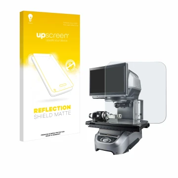 Vorderseite einer Produktverpackung mit dem Markenlogo upscreen. Daneben ist das Gerät Keyence IM-7020 Glasplatte mit dem zuge