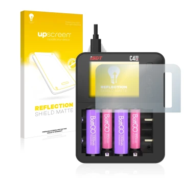 Vorderseite einer Produktverpackung mit dem Markenlogo upscreen. Daneben ist das Gerät ISDT C4 Evo mit dem zugehörigen Display