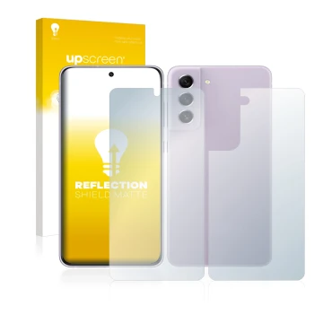 Vorderseite einer Produktverpackung mit dem Markenlogo upscreen. Daneben ist das Gerät Samsung Galaxy S21 FE 5G (Display+Rücks