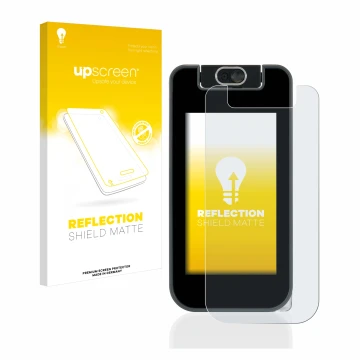 Vorderseite einer Produktverpackung mit dem Markenlogo upscreen. Daneben ist das Gerät Vtech Kidicom Advance 3.0 mit dem zugeh