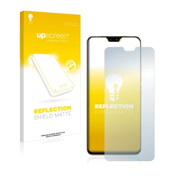 Vorderseite einer Produktverpackung mit dem Markenlogo upscreen. Daneben ist das Gerät Vivo V23 5G mit dem zugehörigen Display