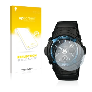 Vorderseite einer Produktverpackung mit dem Markenlogo upscreen. Daneben ist das Gerät Casio AWG M100 mit dem zugehörigen Disp