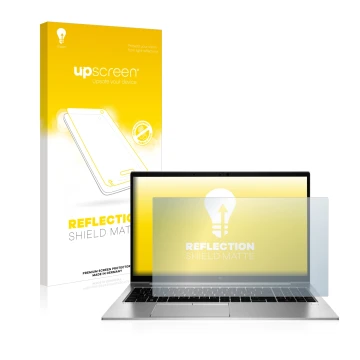 Vorderseite einer Produktverpackung mit dem Markenlogo upscreen. Daneben ist das Gerät HP EliteBook 855 G7 Non-Touch mit dem z