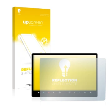 Vorderseite einer Produktverpackung mit dem Markenlogo upscreen. Daneben ist das Gerät Tesla Model Y Infotainment System 15.4