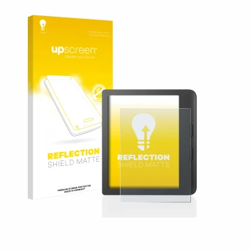 Vorderseite einer Produktverpackung mit dem Markenlogo upscreen. Daneben ist das Gerät Tolino Vision 6 mit dem zugehörigen Dis