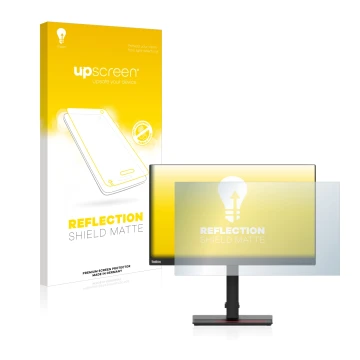 Vorderseite einer Produktverpackung mit dem Markenlogo upscreen. Daneben ist das Gerät Lenovo ThinkVision T24i-2L mit dem zuge