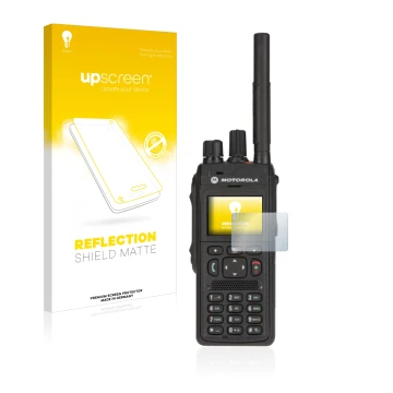 Vorderseite einer Produktverpackung mit dem Markenlogo upscreen. Daneben ist das Gerät Motorola MTP3550 mit dem zugehörigen Di