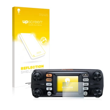 Vorderseite einer Produktverpackung mit dem Markenlogo upscreen. Daneben ist das Gerät Yaesu FTM-300DE mit dem zugehörigen Dis