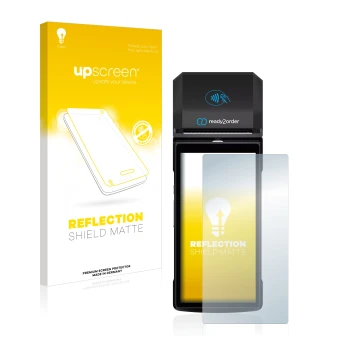 Vorderseite einer Produktverpackung mit dem Markenlogo upscreen. Daneben ist das Gerät Ready2order ReadyGo mit dem zugehörigen