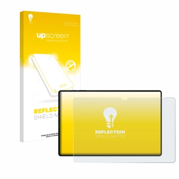 Vorderseite einer Produktverpackung mit dem Markenlogo upscreen. Daneben ist das Gerät Samsung Galaxy Tab S8 Ultra WiFi mit de