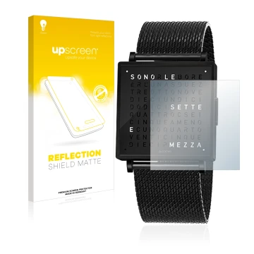 Vorderseite einer Produktverpackung mit dem Markenlogo upscreen. Daneben ist das Gerät Qlocktwo W35 mit dem zugehörigen Displa