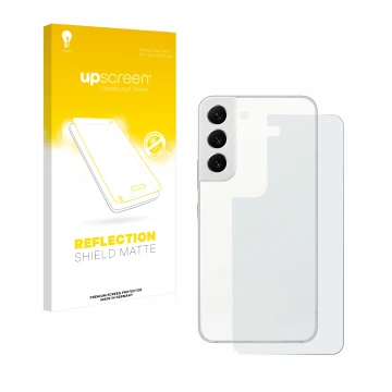 Vorderseite einer Produktverpackung mit dem Markenlogo upscreen. Daneben ist das Gerät Samsung Galaxy S22 5G (Rückseite) mit d