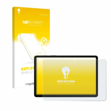 Vorderseite einer Produktverpackung mit dem Markenlogo upscreen. Daneben ist das Gerät Samsung Galaxy Tab S8 5G mit dem zugehö