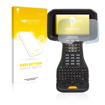 Vorderseite einer Produktverpackung mit dem Markenlogo upscreen. Daneben ist das Gerät Trimble TSC5 mit dem zugehörigen Displa