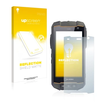 Vorderseite einer Produktverpackung mit dem Markenlogo upscreen. Daneben ist das Gerät i.safe MOBILE IS530.2 mit dem zugehörig