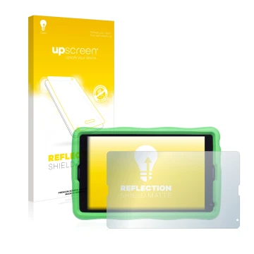 Vorderseite einer Produktverpackung mit dem Markenlogo upscreen. Daneben ist das Gerät MEDION Lifetab E10440 Kids mit dem zuge