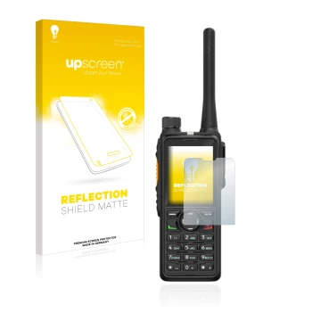 Vorderseite einer Produktverpackung mit dem Markenlogo upscreen. Daneben ist das Gerät Hytera HP785 mit dem zugehörigen Displa