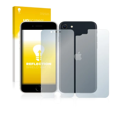 Vorderseite einer Produktverpackung mit dem Markenlogo upscreen. Daneben ist das Gerät Apple iPhone SE 3 2022 (Display+Rücksei