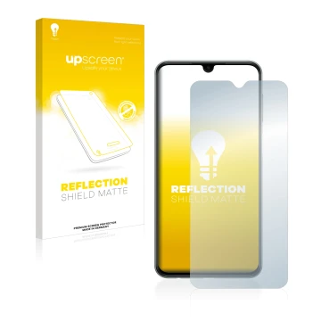 Vorderseite einer Produktverpackung mit dem Markenlogo upscreen. Daneben ist das Gerät Samsung Galaxy M33 mit dem zugehörigen 