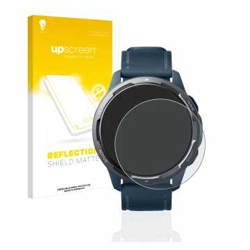 Vorderseite einer Produktverpackung mit dem Markenlogo upscreen. Daneben ist das Gerät Xiaomi Watch S1 Active mit dem zugehöri