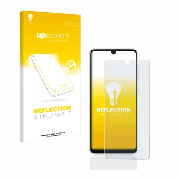 Vorderseite einer Produktverpackung mit dem Markenlogo upscreen. Daneben ist das Gerät Samsung Galaxy A33 5G mit dem zugehörig