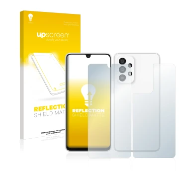 Vorderseite einer Produktverpackung mit dem Markenlogo upscreen. Daneben ist das Gerät Samsung Galaxy A33 5G (Display+Rückseit