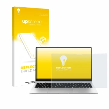 Vorderseite einer Produktverpackung mit dem Markenlogo upscreen. Daneben ist das Gerät Samsung Galaxy Book2 Pro 360 15.6