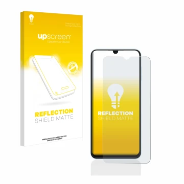 Vorderseite einer Produktverpackung mit dem Markenlogo upscreen. Daneben ist das Gerät Samsung Galaxy A13 mit dem zugehörigen 