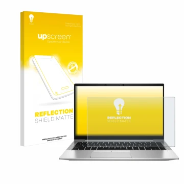 Vorderseite einer Produktverpackung mit dem Markenlogo upscreen. Daneben ist das Gerät HP EliteBook 845 G8 mit dem zugehörigen