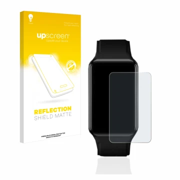 Vorderseite einer Produktverpackung mit dem Markenlogo upscreen. Daneben ist das Gerät Oppo Watch Free mit dem zugehörigen Dis