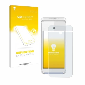 Vorderseite einer Produktverpackung mit dem Markenlogo upscreen. Daneben ist das Gerät Pax A920 mit dem zugehörigen Displaysch