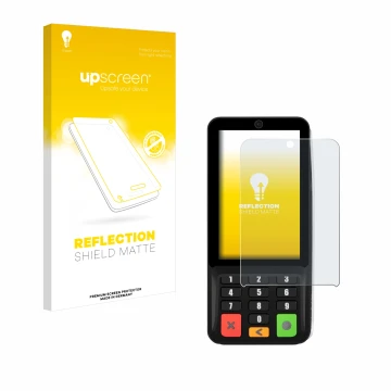 Vorderseite einer Produktverpackung mit dem Markenlogo upscreen. Daneben ist das Gerät Pax A35 mit dem zugehörigen Displayschu