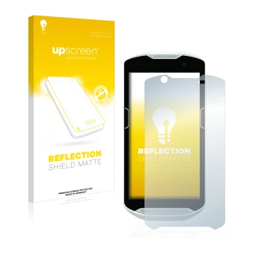 Vorderseite einer Produktverpackung mit dem Markenlogo upscreen. Daneben ist das Gerät Zebra TC52 mit dem zugehörigen Displays