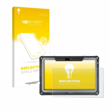 Vorderseite einer Produktverpackung mit dem Markenlogo upscreen. Daneben ist das Gerät Getac F110 G6 mit dem zugehörigen Displ