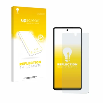 Vorderseite einer Produktverpackung mit dem Markenlogo upscreen. Daneben ist das Gerät Motorola Moto G52 mit dem zugehörigen D