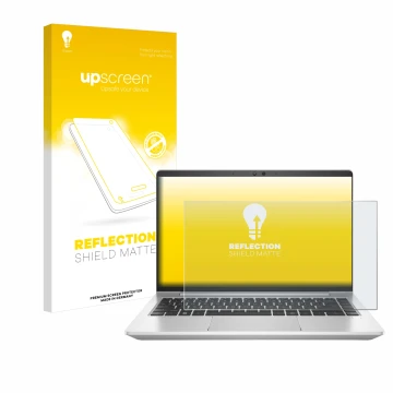 Vorderseite einer Produktverpackung mit dem Markenlogo upscreen. Daneben ist das Gerät HP EliteBook 645 G9 mit dem zugehörigen