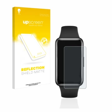 Vorderseite einer Produktverpackung mit dem Markenlogo upscreen. Daneben ist das Gerät Huawei Band 7 mit dem zugehörigen Displ