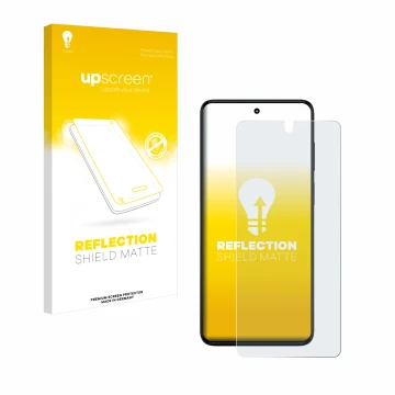 Vorderseite einer Produktverpackung mit dem Markenlogo upscreen. Daneben ist das Gerät Motorola Moto G82 5G mit dem zugehörige
