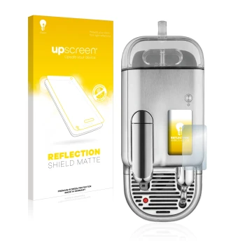 Vorderseite einer Produktverpackung mit dem Markenlogo upscreen. Daneben ist das Gerät Sage Nespresso Creatista Pro mit dem zu