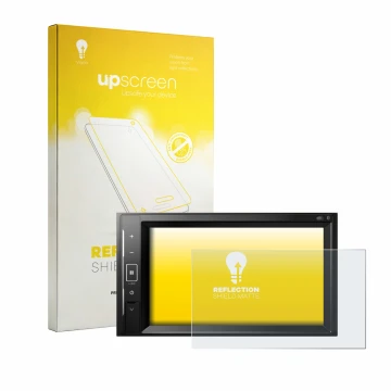 Vorderseite einer Produktverpackung mit dem Markenlogo upscreen. Daneben ist das Gerät Pioneer AVH-A240DAB mit dem zugehörigen