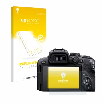 Vorderseite einer Produktverpackung mit dem Markenlogo upscreen. Daneben ist das Gerät Canon EOS R10 mit dem zugehörigen Displ