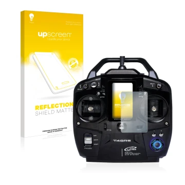 Vorderseite einer Produktverpackung mit dem Markenlogo upscreen. Daneben ist das Gerät Futaba T4GRS mit dem zugehörigen Displa